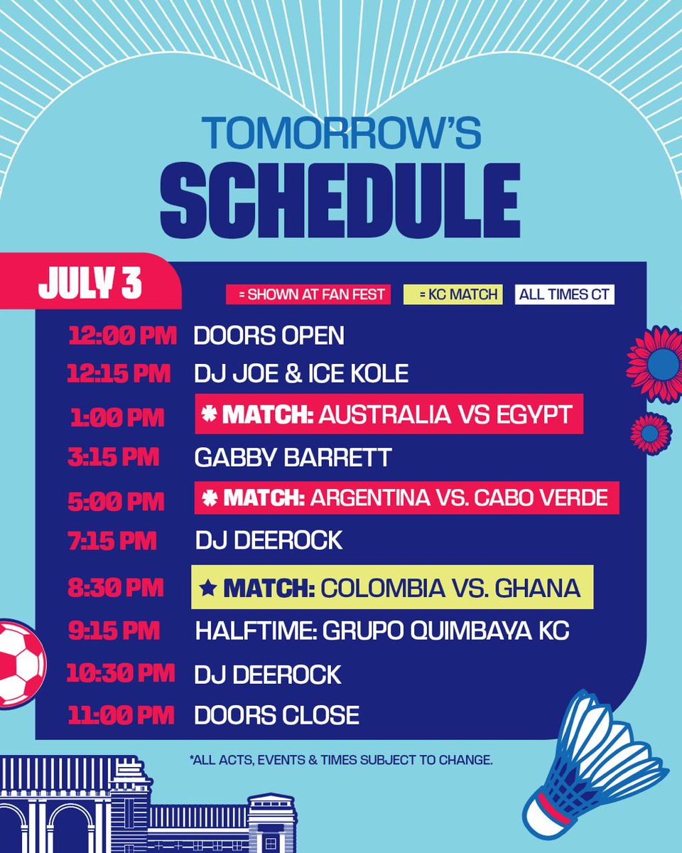 FWC26KansasCity's tweet photo. Tomorrow's plans? We've got them covered 👀

Here's everything happening tomorrow at FIFA Fan Festival™ Kansas City.

#FIFAFanFestival #FIFAWorldCup #WeAreKansasCity https://t.co/xwHpsCAEO0