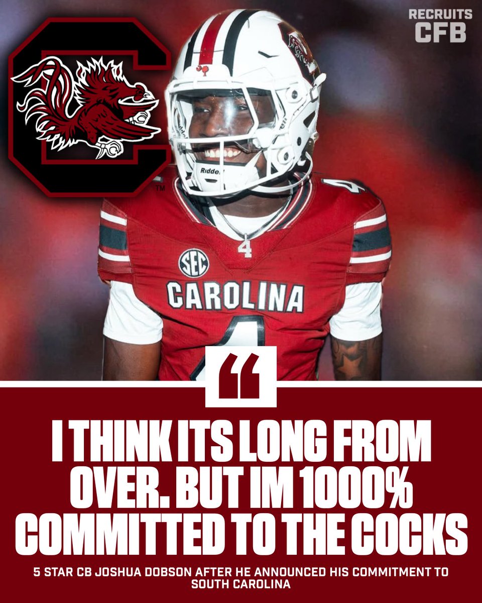 recruits_cfb's tweet photo. 5 star CB & newest South Carolina commit Joshua Dobson confused a LOT of Gamecocks fans yesterday in his post commitment interview (swipe) 🤔 

This is what he had to say about his commitment status literally minutes after pledging to them: 

“I think it’s long from over obviously until I sign that dotted line. But for now I’m really 1000% committed to the Cocks.”

Dobson chose South Carolina over programs like Michigan, Texas A&M, and Auburn, and was rumored to have received a $1.5M dollars NIL contract from the Cocks. 😳

Do you guys think he sticks or flips? The Wolverines wanted him badly…