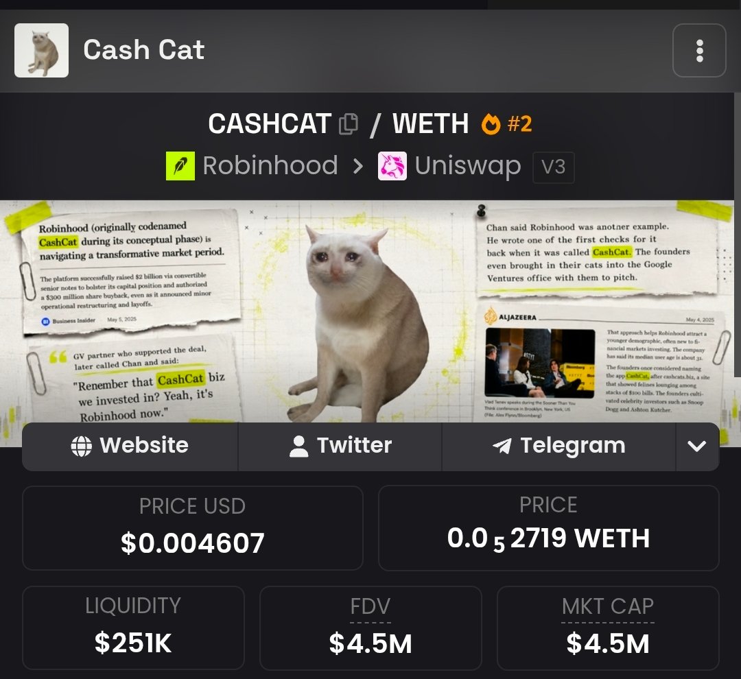 NiksGambles's tweet photo. Cashcat on Robinhood is the Sad Cat meme

$cashcat has ran 10m so far and is top meme to there platform

$scat on sol launched 2 years ago and dexs updated / unbonded
Time to fill the wick?

v1ziQMezkh8KjFDfkfaVBgZEw38hj2Uqd84AsE4bAWk https://t.co/vTGnT99jd3