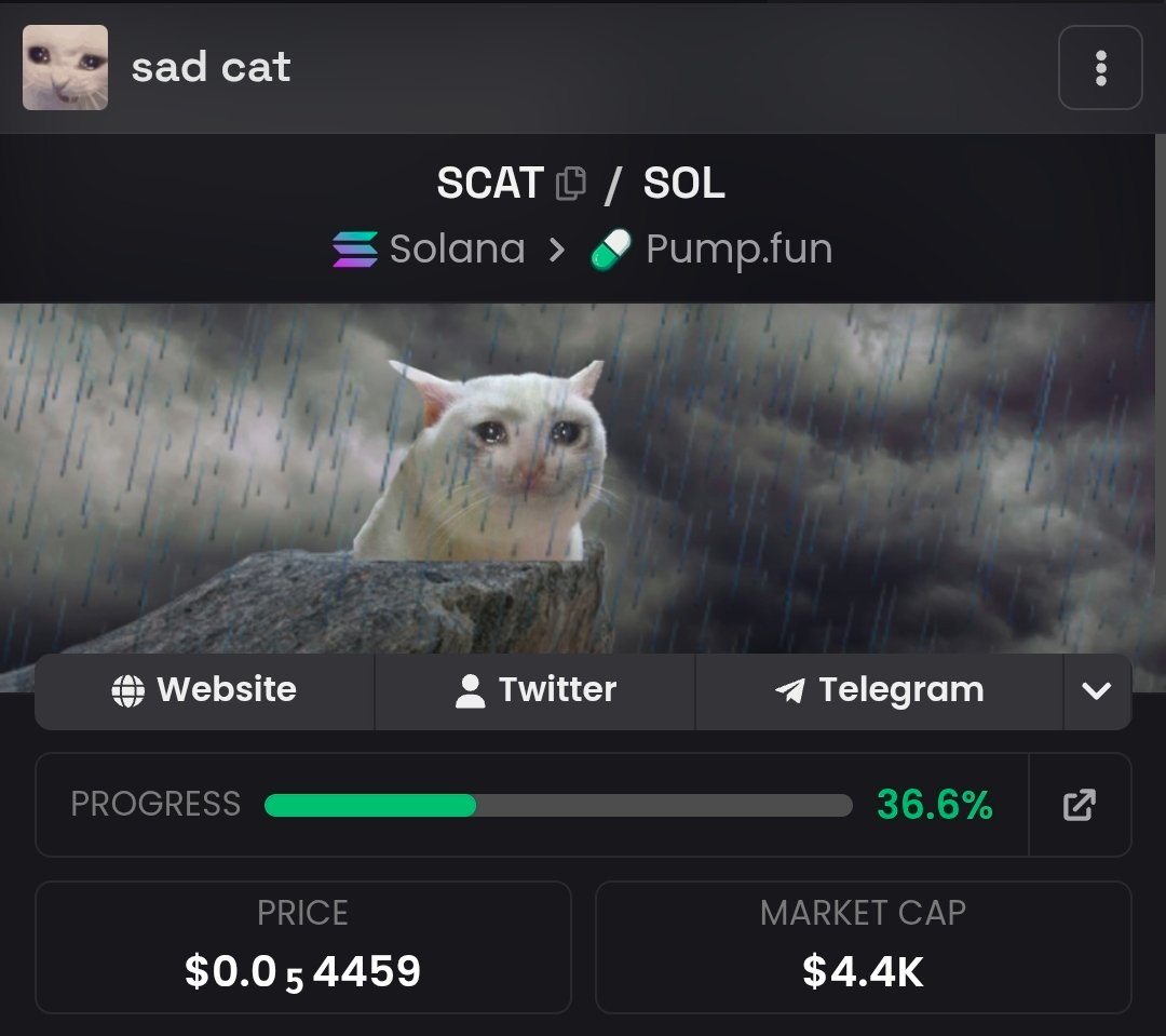 NiksGambles's tweet photo. Cashcat on Robinhood is the Sad Cat meme

$cashcat has ran 10m so far and is top meme to there platform

$scat on sol launched 2 years ago and dexs updated / unbonded
Time to fill the wick?

v1ziQMezkh8KjFDfkfaVBgZEw38hj2Uqd84AsE4bAWk https://t.co/vTGnT99jd3