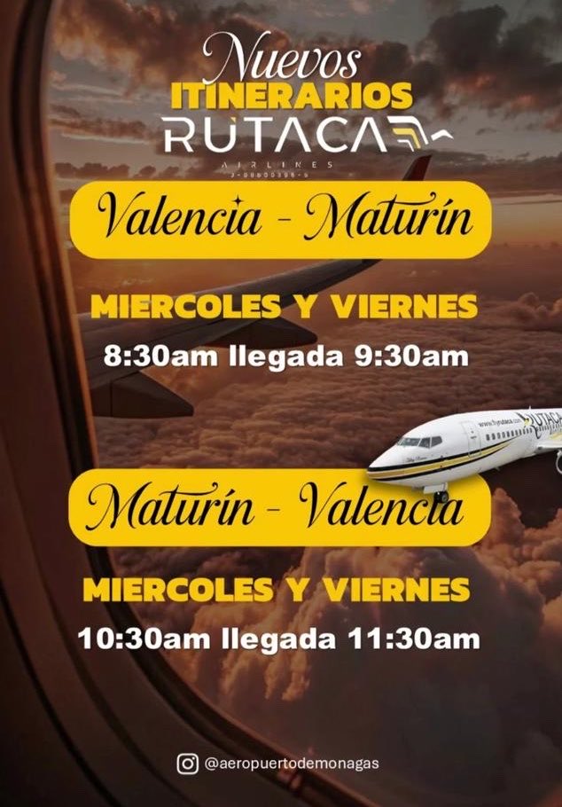 ItineranturVE's tweet photo. Operaciones disponibles de Rutaca en el Aeropuerto Internacional “José Tadeo Monagas,” que sirve a la ciudad de Maturín✈️ https://t.co/2VvFce6Mnq