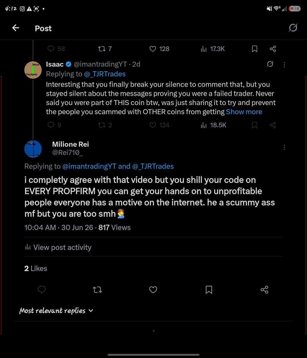 Rei710_'s tweet photo. @imantradingYT must've struck a nerve huh blocked me from the discord too for asking✌️😭 https://t.co/WSd6Wt4GuQ