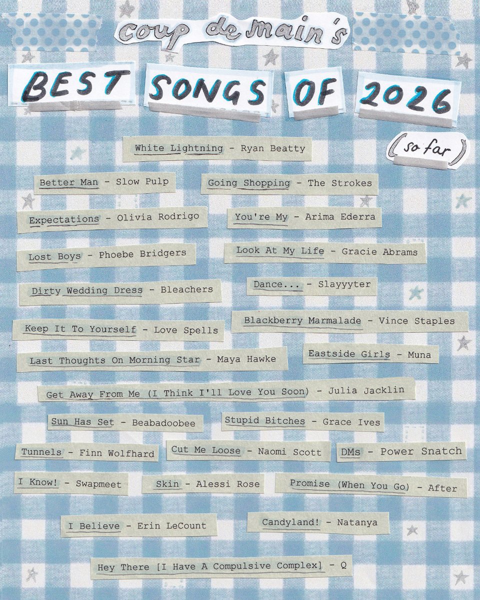 coupdemain's tweet photo. 🌟 the best songs of 2026 (so far) 🌟... hope you find a new favourite song on this list... links below 🎧💓
full list ▶️ https://t.co/UXOqAiA4kn
spotify ▶️ https://t.co/tJQMRKcCqk
apple music ▶️ https://t.co/kN3ozFHWOK https://t.co/9sgTqcAXJz