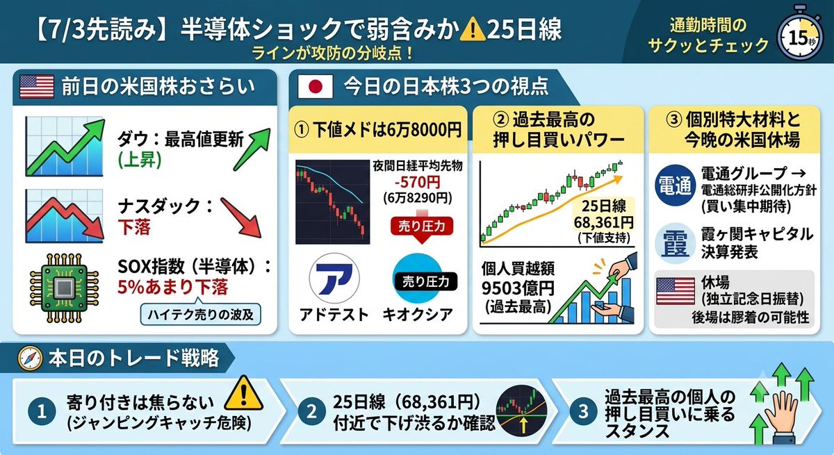 MoneyHack4649's tweet photo. 【7/3先読み】半導体ショックで弱含みか⚠️25日線ラインが攻防の分岐点！

本日の日本株は米国の半導体株急落を引き継ぎ、売りが先行する警戒モードとなりそうです。忙しい朝の通勤時間に15秒で今日の重要ポイントをサクッとチェックしていきましょう！👇

🇺🇸 前日の米国株おさらい
・ダウ：最高値更新 ( 上昇 )
・ナスダック：下落
・SOX指数（半導体）：5%あまり下落
・材料：6月米雇用統計が市場予想に届かず早期利上げ観測後退でダウ上昇もハイテクに売り波及

🇯🇵 今日の日本株3つの視点
① 日経平均の下値メドは6万8000円。夜間の日経平均先物は前日清算値比570円安い6万8290円で引けており、アドテストやキオクシアなど値がさ半導体関連株への売り圧力が下押し材料になります。

② 過去最高の押し目買いパワー。チャート上では25日移動平均線の6万8361円が下値支持として意識されます。東証発表の6月第4週の個人買越額は9503億円と過去最高を更新しており、絶好の買い場探しの動きが出そうです。

③ 個別特大材料と今晩の米国休場。電通グループが電通総研を非公開化する方針との報道で買い集中が期待されます。国内では霞ヶ関キャピタルの決算発表に注目。なお今晩の米国は独立記念日の振替休日で休場のため、後場は膠着する可能性があります。

🧭 本日のトレード戦略
寄り付き直後の値がさ半導体株を慌ててジャンピングキャッチするのは危険。まずは25日線（6万8361円）付近で綺麗に下げ渋るかを確認し、過去最高を記録した個人の押し目買いの波に乗るスタンスが良さそうです。

⚠️ [日中の答え合わせ/週末の振り返り]用に【ブックマーク🔰】推奨です。
💬 今日は絶好の押し目買いチャンスだと思いますか？それとも様子見ですか？リプ欄で教えてください！