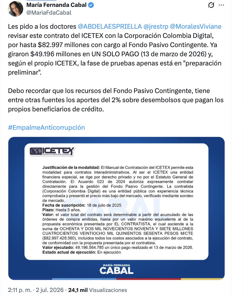 Horadelaverdad's tweet photo. Senadora @MariaFdaCabal denuncia millonario contrato en el ICETEX por $82 mil millones de pesos con cargo al Fondo Pasivo Contingente. 

Ese fondo se nutre de los aportes del 2% sobre los desembolsos que pagan los estudiantes que tienen prestamos con la entidad.

Según el objeto textual del contrato, se contrató "una solución integral para estructurar, parametrizar, implementar y operar mecanismos, coberturas y/o asistencias que faciliten el acceso a la educación superior y/o mitiguen el riesgo de crédito a través del Fondo Pasivo Contingente y/o esquemas de incentivos.