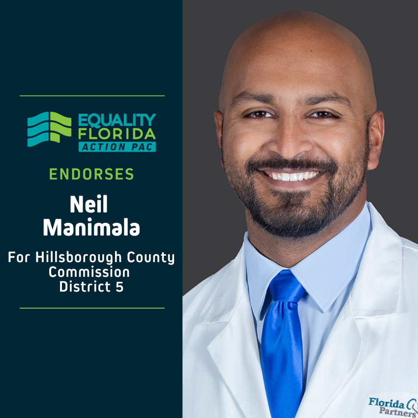 eqfl_actionPAC's tweet photo. EQFL Action PAC endorses Neil Manimala for Hillsborough Commission D5!       

Paid Political Advertisement paid for by Equality Florida Action PAC, 5257 Amberly Dr., Ste. 382, Tampa, FL 33647, independently of any candidate. This advertisement was not approved by any candidate. https://t.co/4XUxo1ARhG