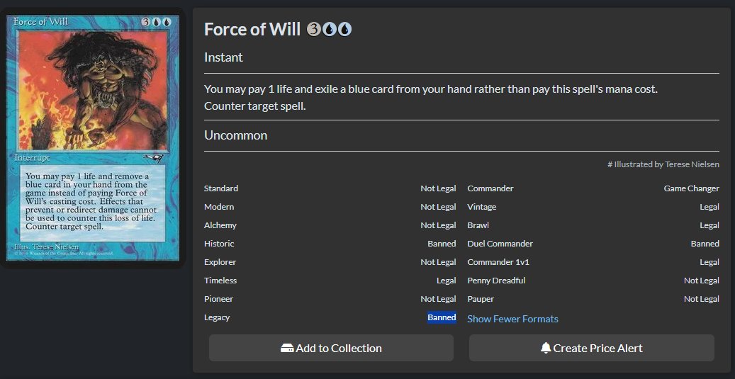 jayfranklin's tweet photo. Hey @MTGGoldfish. Would you mind fixing this Force of Will error that's currently showing the card as banned in Legacy? It's really screwing with all your metagame results. https://t.co/bqg9GOoRVb