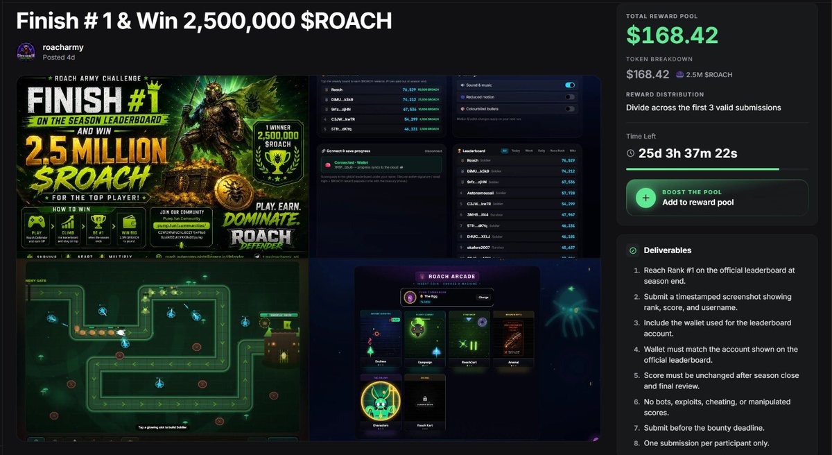 roacharmy_sol's tweet photo. 🚨 2,500,000 $ROACH IS UP FOR GRABS! 🪳🔥

Think you’ve got what it takes to become the Champion of the Colony?

🏆 Finish #1 on the official Season Leaderboard and win 2,500,000 $ROACH!

🎮 Play the game.
⚔️ Beat every challenger.
📈 Climb to the top.
💰 Claim the biggest reward in the Roach ecosystem.

The Roach universe is expanding with:

🕹️ Endless Mode
🏰 Tower Defense
🚀 Campaign Mode
🃏 NFT Characters
⚔️ Weapon NFTs
🏆 Seasonal Leaderboards
💸 Play-to-Earn Rewards

This is your chance to become the #1 Survivor and make history.

🔥 Join the challenge now:
https://t.co/5uKvs7iuPQ

🎮 Play Roach Defender
https://t.co/BGUEFNiDZh

🚀 Buy $ROACH
https://t.co/q6GY9IeydZ

👥 Join the Roach Army
https://t.co/6gIKdhTnp6

🐦 Follow us on X
https://t.co/PxbhqamkJu

🪳 One colony. One champion. 2,500,000 $ROACH.

Will your name be at the top when the season ends? 🚀🏆🔥