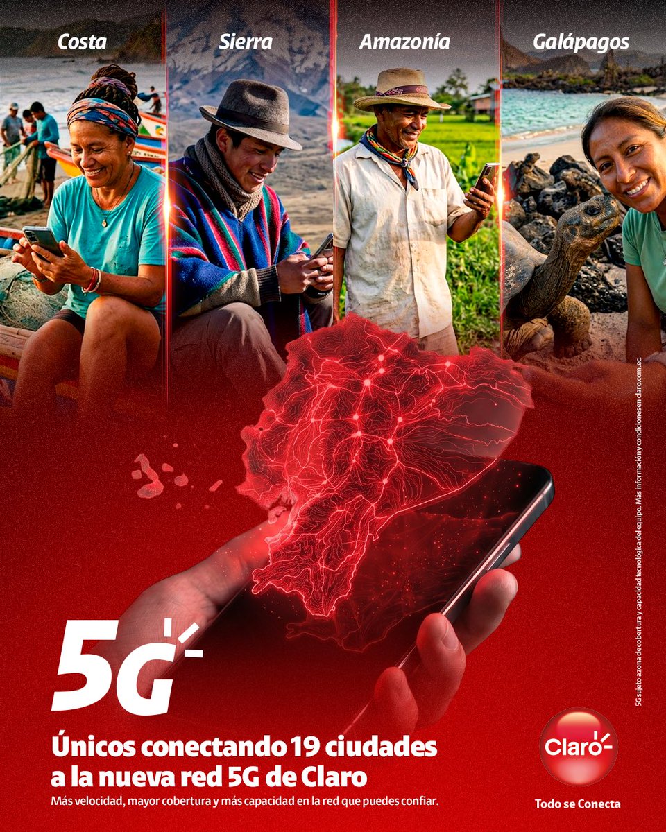 ClaroEcua's tweet photo. La nueva red 5G de Claro sigue conectando a las cuatro regiones del Ecuador. Ya son 19 ciudades las que disfrutan de una conectividad con más mayor cobertura y más capacidad. Porque donde hay personas, historias y sueños por conectar, existe una red en la que puedes confiar. https://t.co/DK0uzwy5cn