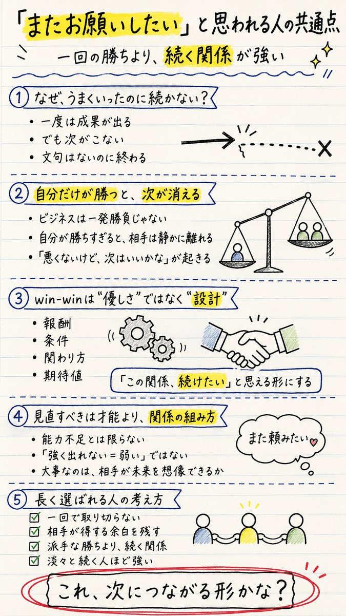 coh_enzyme's tweet photo. 「またお願いしたい」と思われる人の共通点3つ。

①一回で取り切らない
②相手が得する余白を残す
③次につながる関係を考える

派手さより、長く選ばれる仕組みが安定への近道です。

詳しくは本編へ。

#仕事術 #営業 https://t.co/w9q1RkEzy3