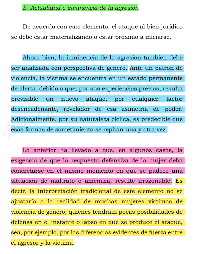 luisjimenezro's tweet photo. Acá les comparto un aparte de la decisión SP430-2026, Rad. 60352, del 20 de mayo de 2026, en la cual la Corte Suprema de Justicia realiza un ejercicio de valoración de los elementos de la legítima defensa con enfoque de género.

Vale la pena prestar atención a lo que señala la Corte, porque se trata de un criterio supremamente importante para el ejercicio profesional diario, especialmente en aquellos casos en los que la valoración de la conducta defensiva no puede hacerse de manera abstracta, neutra o descontextualizada, sino atendiendo las condiciones concretas en las que se encontraba la mujer al momento de reaccionar frente a la agresión.
