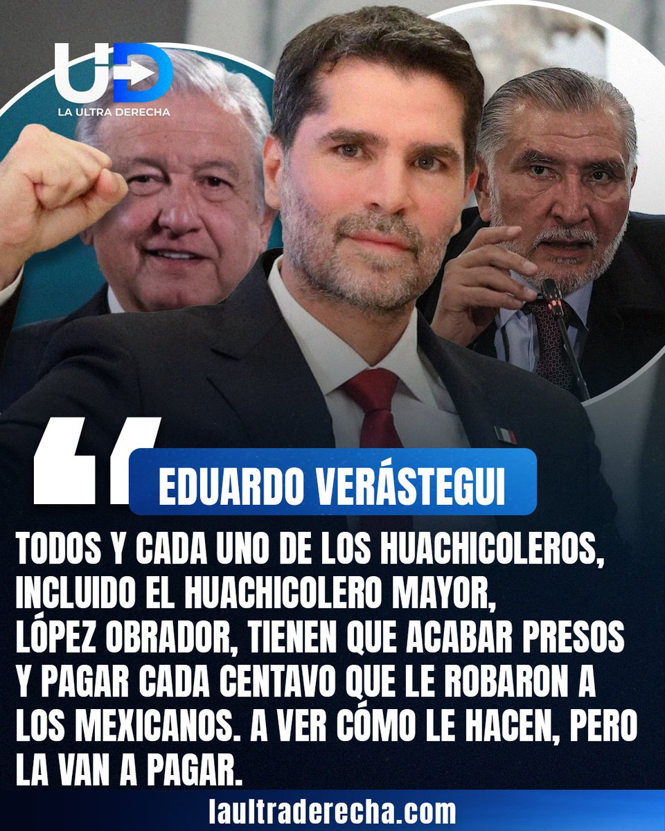 LUltraDerecha's tweet photo. 🚨|🇲🇽|🛢️¡LAS VAN A PAGAR TODAS! El guadalupano, @EVerastegui, se fue encima del régimen criminal morenista que instauró el crimen del huachicol fiscal en México, de la mano del “huachicolero mayor”, Andrés Manuel López Obrador, y aseguró que, de una u otra forma, tendrán que pagarle al pueblo de México todo lo que le han robado.

Verástegui denunció que la transformación de cuarta habría saqueado muchos millones de dólares mediante redes de corrupción, complicidad y robo de combustible, por lo que exigió cárcel para todos los responsables y que devuelvan cada centavo robado a los mexicanos.