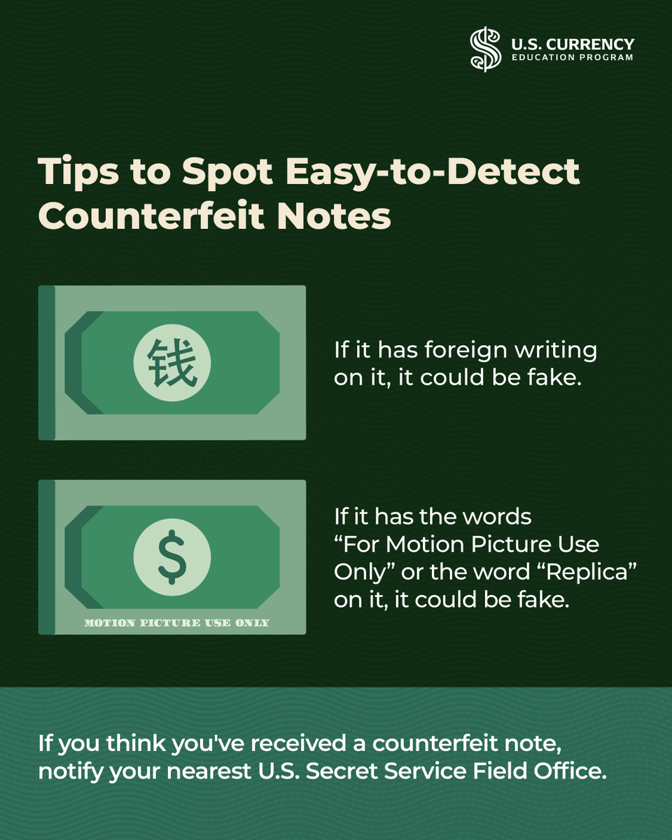 uscurrency's tweet photo. Think you’ve come across counterfeit currency? Don’t hesitate to report it. Your awareness helps protect others and strengthen confidence in #UScurrency.

Learn how to report suspected counterfeit notes here:
https://t.co/dtO69gPmSn https://t.co/C8Igp3wsZh
