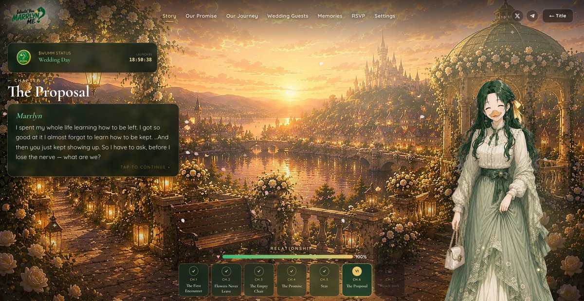 marrlynme's tweet photo. how to get a $WUMM wedding gift:

1. play the story → https://t.co/0TtSpQ4MeN
2. finish the chapters
3. sign the guestbook with your phantom wallet
4. keep your invitation code
5. come back tonight for the ceremony — connect wallet, redeem code

that's it. early guests get gifts.