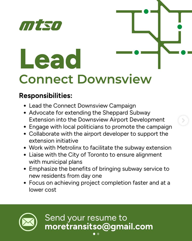 moretransitso's tweet photo. We're looking for someone to help lead our campaign to bring the Sheppard Subway west into Downsview Airport as part of the Sheppard Subway Extension project. The airport is currently a blank site, and is set to house 110,000 people within the next 25 years. https://t.co/PFJr1rsjMv