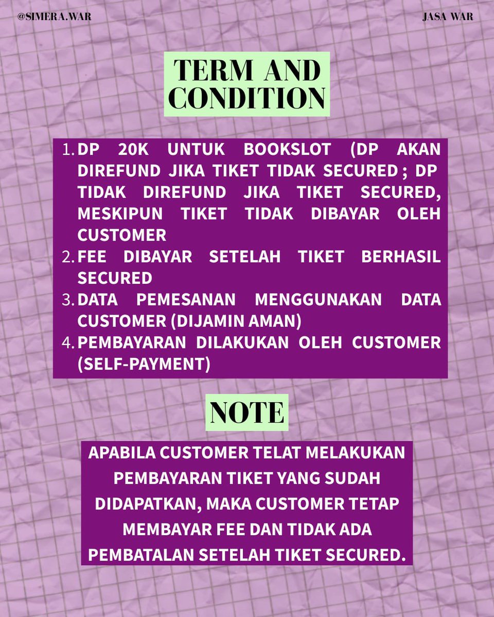 Simera_war's tweet photo. OPEN JASA WAR / JASWAR / TICKETING SERVICE 

🏁 STRAY KIDS WORLD TOUR 
🇹🇭 Bangkok | 🇸🇬 Singapore

🔒 Data pribadi aman &amp; pembayaran dilakukan sendiri
💰 Fee after secured ticket only
✨ 100% Aman | Safe | Trusted

💌 DM for book slot

#StrayKids #StrayKidsRunIt #SimeraWar https://t.co/9p5w73PvET