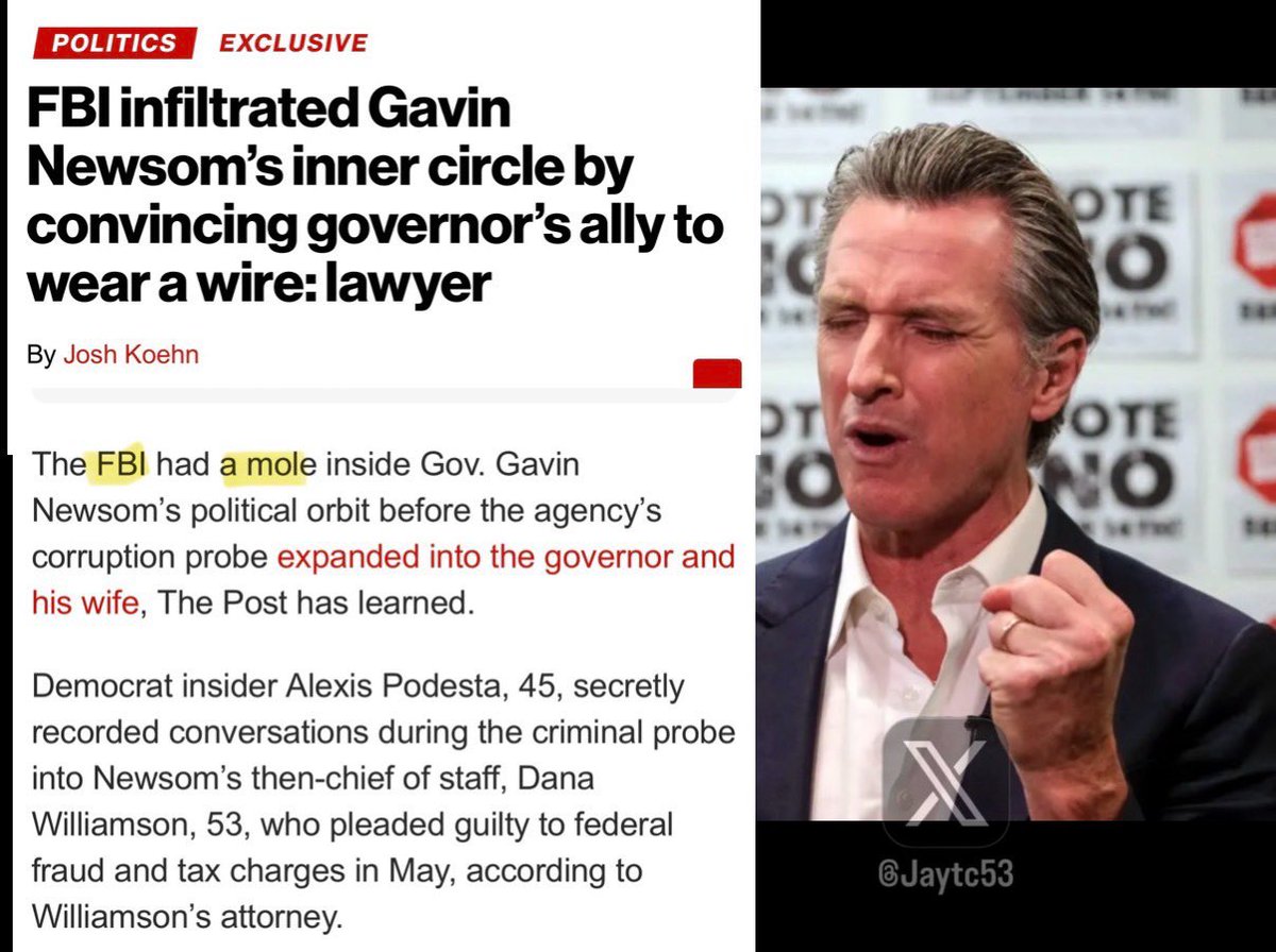 JayTC53's tweet photo. OMG 🚨 Gavin Newsom is SCREWED!! 

FBI had a mole inside Gavin Newsom's inner orbit. Secret recordings during the criminal
Probe into Gavin Newsom. 

Save to say the Newsom's are COOKED! https://t.co/fwjBTLUNhg