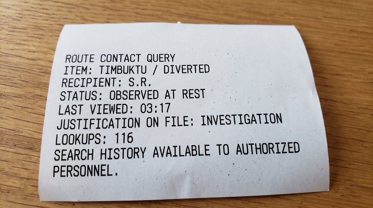 SafRoMusic's tweet photo. S1E4 TIMBUKTU / DIVERTED
The receipt was not proof of purchase. It was proof of a room.
Someone with the right login had been checking on the tag. On him. One hundred and sixteen times. https://t.co/oqycOPSFQ0