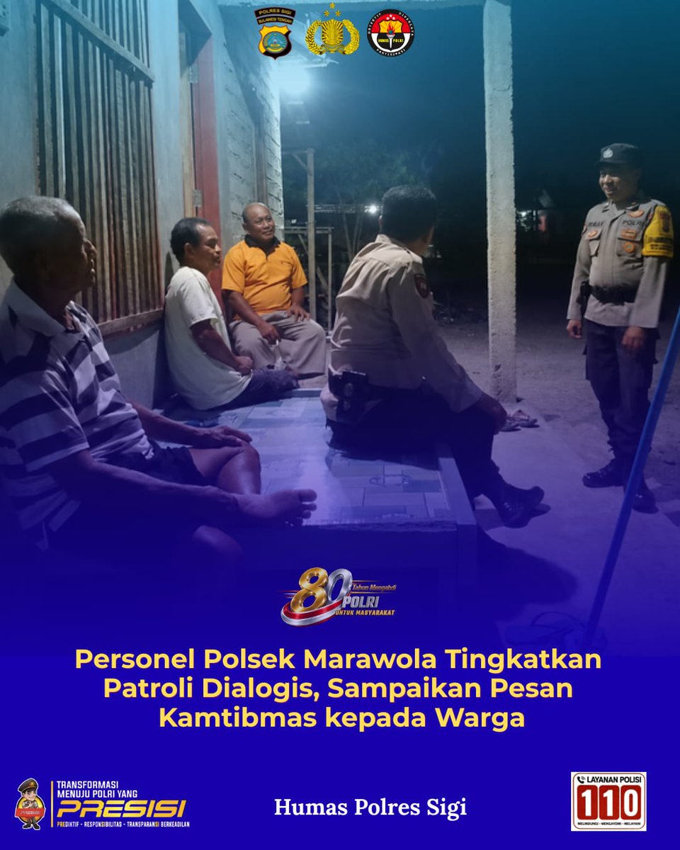 HumasSigi's tweet photo. Dalam rangka menjaga situasi keamanan dan ketertiban masyarakat (kamtibmas) tetap aman dan kondusif, personel Polsek Marawola melaksanakan patroli dialogis dengan menyambangi warga di wilayah hukumnya. https://t.co/b1eeZqo1ur