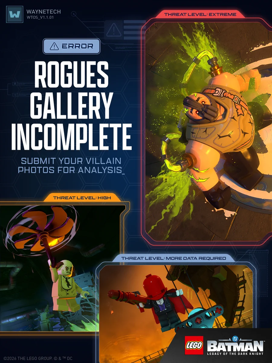 Images of different villains from LEGO® Batman™: Legacy of the Dark Knight with text overlay that reads "Rogues gallery incomplete. Submit your villain photos for analysis_".