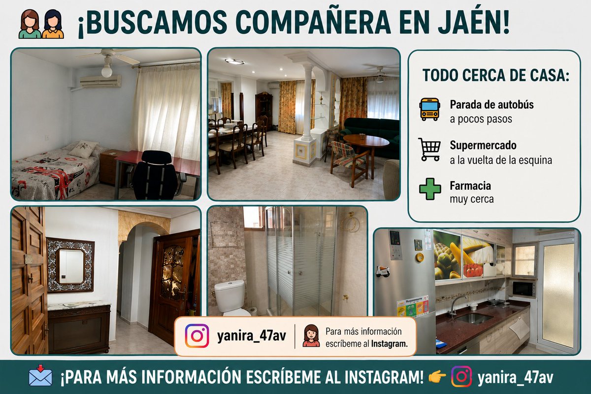 Yanira_anillo's tweet photo. Buenass!! Buscamos una cuarta compañera para completar el piso en Jaén. Se encuentra ubicado en la Avenida de Andalucía con supermercado, farmacia, parada de bus al lado.
Para cualquier otra información no dudes en escribirme 😊 (Instagram: yanira_47av)
#jaen #pisodeestudiante https://t.co/Hvrr3qpUhc