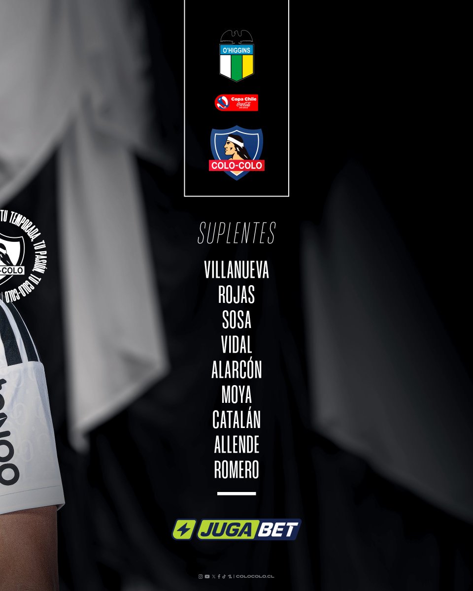 ColoColo's tweet photo. La 𝗙𝗢𝗥𝗠𝗔𝗖𝗜𝗢́𝗡 𝗧𝗜𝗧𝗨𝗟𝗔𝗥 de los albos para el partido por la Copa Chile ante O'Higgins, es presentada por @jugabet_cl https://t.co/3IoGM5vfcN