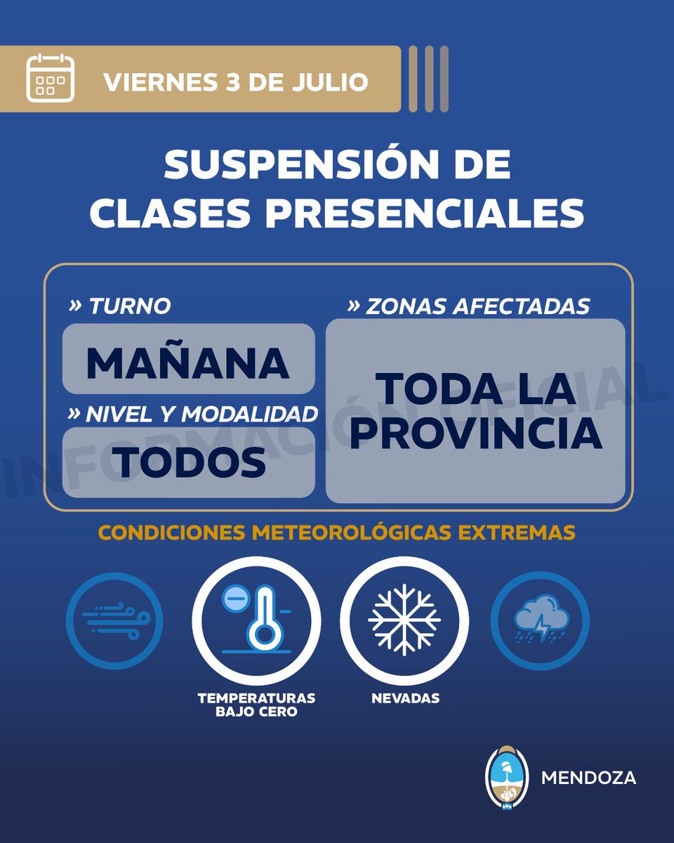 MzaDGE's tweet photo. ⚠️ Viernes 3 de julio - Turno Mañana

Debido a condiciones meteorológicas extremas, se matiene la suspensión de clases EN TODA LA PROVINCIA, en todos los niveles y modalidades.

🔗: https://t.co/Y4dMwCpyYY https://t.co/4mqelZXrwT
