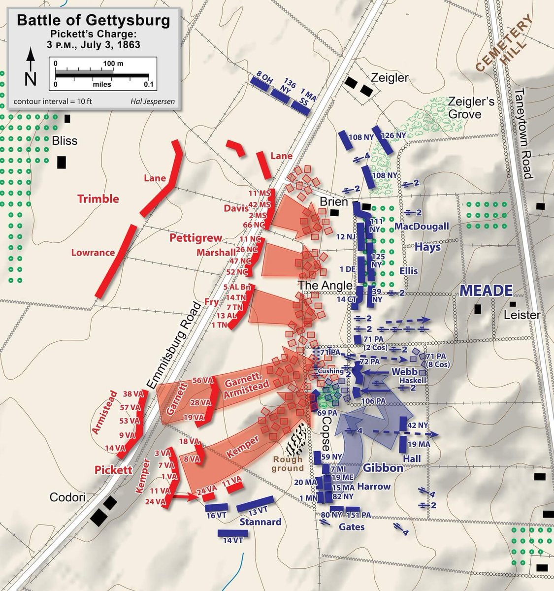 2ndMississippi's tweet photo. Gettysburg — Day 3 — "Pickett's" Charge

Trapped at the Fences: The Emmitsburg Road and the Death of Pettigrew's Charge

They were ordinary fences. Post-and-rail, stout-built the way Adams County farmers built things, the kind a barefoot boy could swing over in two seconds flat without spilling the berries in his hat. On the afternoon of July 3, 1863, they became instruments of slaughter on a scale no farmer who split those rails could have conceived.

The charge that broke against them bears the wrong name — or at least an incomplete one. Say "Pickett's Charge" and the mind summons Virginians: Armistead with his black hat riding the point of his sword, Garnett going in sick and shivering on a horse he had no business riding, Kemper toppling with a ball in his groin at the moment of near-triumph. All true. All deserved. But Pickett's brigades made up barely half the assaulting column. 

On their left, stepping off from Seminary Ridge into the same long mile of open ground, came Heth's division under Johnston Pettigrew — Heth himself laid up with a cracked skull from the first day's fight — and behind Pettigrew came two brigades of Pender's division under old Isaac Trimble, who at sixty-one had begged for a command and was about to pay for the privilege with a leg. These men marched into their own particular apocalypse that afternoon, and the ground itself had prepared it for them in advance.

Look at the map — Hal Jespersen's rendering will do fine — and trace the Emmitsburg Road where it crosses the field of the charge, there at the tips of the red arrows. Notice what it refuses to do. It does not run parallel to the Union line waiting on Cemetery Ridge. It slants away, cutting the field at an angle, and that angle wrote a cruel arithmetic into the assault before the first man stepped off. The farther left a soldier stood in the Confederate line, the longer he would remain under fire — and, crueler still, the closer the road itself lay to the Union muskets when at last he reached it. A man in Pickett's ranks crossed the road with the worst still ahead of him. A man on Pettigrew's left crossed it nearly under the muzzles.

And the road did not merely lie there. It was bordered on both sides by those post-and-rail fences — too stout to knock flat, too well-set to push through, and standing too close under the Federal guns for Confederate pioneers to have torn them down beforehand. So they stood, waiting, while a mile away the men who would die on them dressed their lines in the shade of the trees.

Consider what crossing them required, and let the clock slow down the way it slowed for the men who lived it. You have already survived the artillery and the first long reach of the rifled muskets. You come up out of the smoke to the first fence and you climb it — and for those two or three seconds atop the rails you are the tallest thing on the field, silhouetted against the sky for every Federal rifleman on the ridge. Then you drop down into the roadbed, which is slightly sunken, and the sinking of it whispers a lie: shelter. Men are piling in around you — winded, bleeding, some carrying wounds they have not yet noticed. Behind the stone wall up the slope, the Federals watch the gray line bunch and stack up in that road, and they pour their fire into the packed mass with the deliberation of men shooting into a pen.

Now comes the choice that would haunt the survivors for the rest of their long or short lives. Stay in the road — in this trap dressed up as a refuge — and try to reform ranks while the Minié balls whine overhead and thud into the crowd? Or climb the second fence, silhouette yourself once more, and go on into the storm beyond? There was no good answer, and the farther left you were, the worse both answers got. Joe Davis's Mississippians knew it as well as any men on that field — the 2nd Mississippi among them, or what remained of it, a regiment already bled white in the railroad cut two days before and now asked to cross a road where the Union rifles stood nearest of all.

The survivors' accounts do not flinch, and neither should we. Men piled up at those fences, the dead and wounded forming barricades of flesh along the rails. Some climbed over their own fallen comrades, using them — there is no gentler way to say it — as stepping stones. Others lay flat in the roadbed, paralyzed between the two impossibilities, while the plunging fire found them where they lay.

Dan Nance's painting Charge of the Tarheels catches the nightmare as well as canvas can — North Carolinians of what I take to be Marshall's brigade of Pettigrew's division, Colonel James K. Marshall commanding, breaking apart against those rails. Look at it and you understand what the word obstacle meant that afternoon: not a delay but a dissolution, formation and order and momentum all coming apart at once against a farmer's fence.

The second map tells the rest in the cold language of cartography — the farthest advance of each Confederate unit, marked and measured. Follow the line from right to left and watch the marks fall away. Pickett's men, for all their agony, got past the road in numbers. On the left, few did. Those who pressed beyond it were mostly killed, wounded, or captured within minutes. Many who stayed in the road fared no better. The road took them either way.

When you sit with the survivors' words long enough, one truth rises out of them and will not be argued down: these men did all that mortal flesh could do. They advanced into a geometry that grew deadlier with every leftward step, met an obstacle that turned courage itself into a liability, and went on anyway — over the first fence, into the road, and for the bravest of them over the second fence into the fire beyond. The Emmitsburg Road did not merely channel Pettigrew's charge. It condemned it.

The fences are rebuilt now, of course. Boys climb them.

***

Maps by Hal Jespersen, https://t.co/xuUTgoBtxM

Graphics: (the previously posted maps deserve repeating here, to illustrate the path of the Emmitsburg Road and how it slants away from the Confederate left to right.) 1) Initial positions and lines of advance; 2) Detail showing the "High Water Mark" positions; 3) "Charge of the Tarheels" by Dan Nance - North Carolinians of Marshall's Brigade, Pettigrew's Division, as they struggle to cross the post-and-rail fences along the Emmitsburg Road during Pickett's Charge