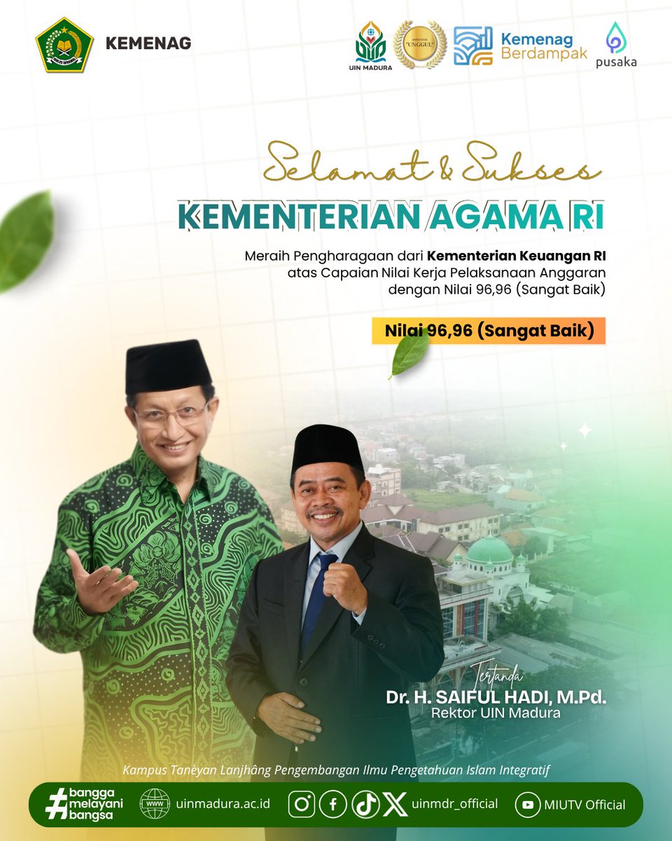 uinmdr_official's tweet photo. Selamat &amp; Sukses Kementerian Agama RI meraih Penghargaan dari Kementerian Keuangan RI atas Capaian Nilai Kerja Pelaksanaan Anggaran dengan Nilai 96,96 (Sangat Baik). Semoga bisa memberikan dan meningkatkan layanan terbaik kepada masyarakat, amiin.

#UINMadura #KemenagBerprestasi https://t.co/M2kpdQLNim