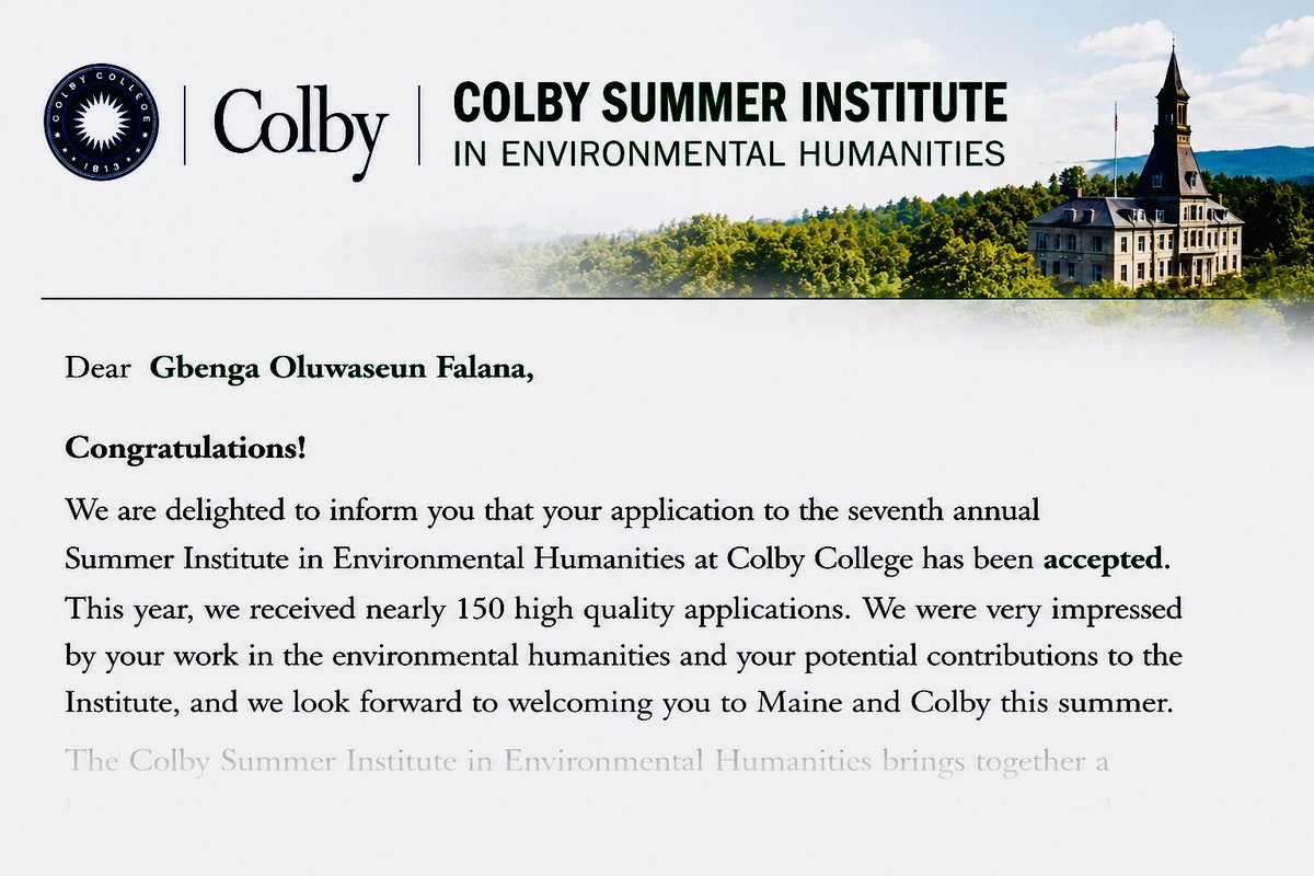 falanagbenga's tweet photo. Thrilled to be selected for this year's Summer Institute in Environmental Humanities at @ColbyCollege 

Grateful to the Colby Center for the Arts &amp; Humanities and excited to share my research in ecomusicology and learn alongside an incredible cohort.

Hello, Beautiful Maine!🌿 https://t.co/x3JPdgR7Ms
