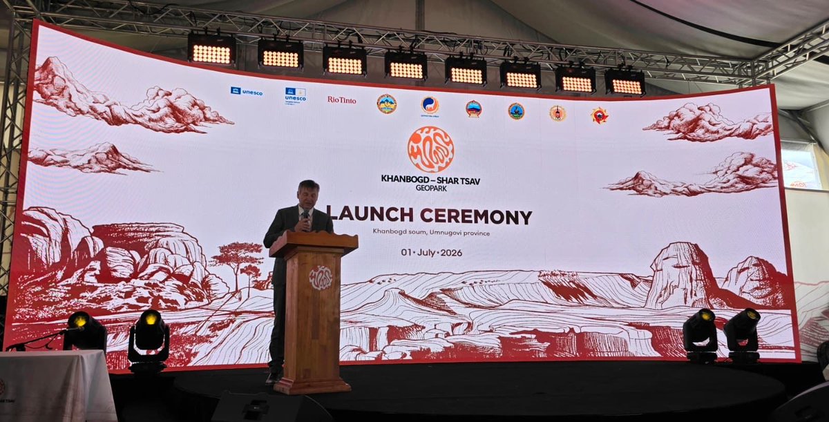 JaapVanHierden's tweet photo. Mongolia’s first National #Geopark launched in Khanbogd. A milestone of vision, partnership and perseverance. From dinosaur footprints to petrified forests and fossilized shells, heritage meets opportunity. Grateful to UNESCO and Rio Tinto for making this possible. https://t.co/JLRVbACv0O