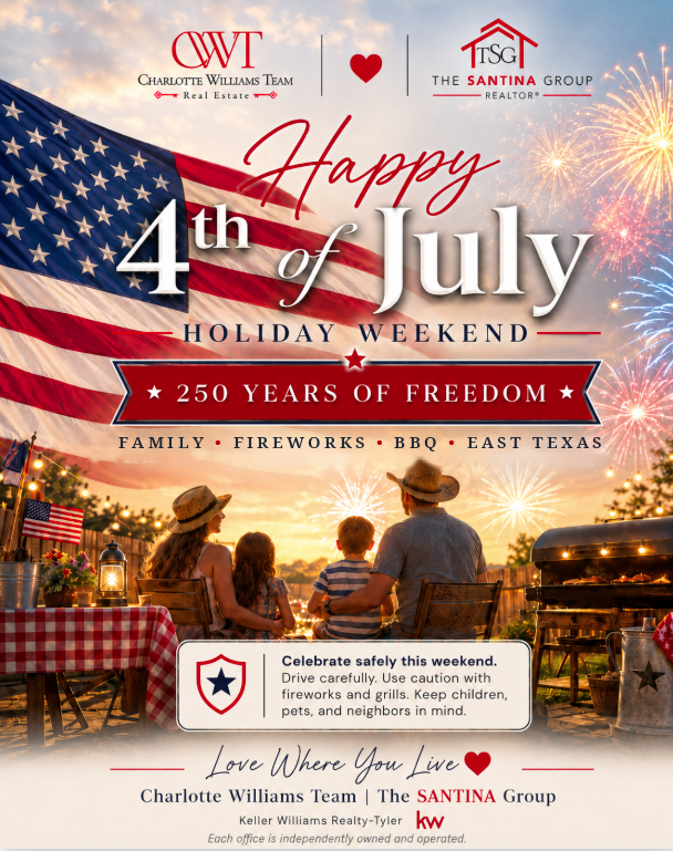 mlebusyb's tweet photo. 🇺🇸 Happy 4th of July Weekend! 🇺🇸
From our family to yours — family, fireworks, BBQ, lake days, and East Texas summer nights… there’s nothing quite like celebrating freedom close to home. ❤️🤍💙
Love Where You Live ♥
Charlotte Williams Team | The SANTINA Group
📞 903-714-6430 https://t.co/mguluzB4GL