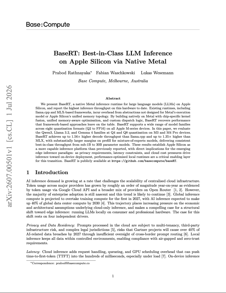 basecmpt's tweet photo. Our technical report on BaseRT, for anyone interested in benchmark details and what approaches we used to achieve best-in-class LLM inference on Apple Silicon. https://t.co/GDeCs8PEyu