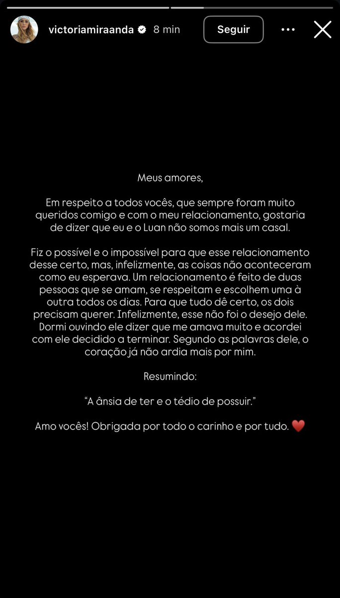 raphanoxis's tweet photo. Victoria Miranda, ex-noiva do Luan Pereira, agora no stories. 

“A ânsia de ter e o tédio de possuir”

Mds, chocada c eles https://t.co/wmbn9kVT7t