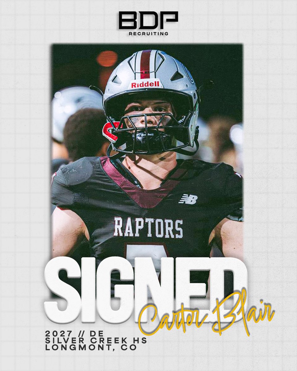 BDPRecruiting's tweet photo. #BDPRecruiting is fired up to add Carter Blair (@cblair5335) to the #BDPCrew! 

Carter is a quality EDGE player from Longmont, CO who is ready to take control of his recruiting process. 

Welcome to the #BDPCrew! https://t.co/V0voU2s6Q9