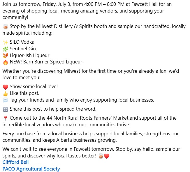 MilwestSpirits's tweet photo. 🎉 We're SO excited to be attending our very first 44 North Rural Roots Farmers' Market! 🎉
#BarnBurner #BarrelYLegal #Westlock #SiloVodka #SentinelGin #AniseLiqueur #LiquorIsh #WestlockTerminals #WTLTerminals @WTLTerminals #PortOfWestlock #MilwestDistillery @MilwestSpirit https://t.co/kofFFgzehS