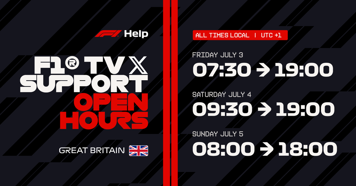F1Help's tweet photo. 🚨 F1 TV SUPPORT CENTRE 🚨 

If you've got an issue or question, click the link below or get in touch👇

https://t.co/RNeVFgohep

Opening X hours (track time)⏰  
Friday 07:30-19:00  
Saturday 09:30-19:00  
Sunday 08:00-18:00 https://t.co/CBS8n0IkxJ