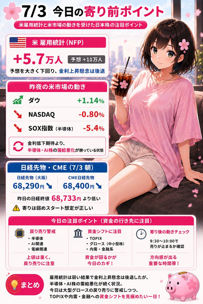 kabuko0429's tweet photo. 🌸7/3寄り前ポイント

おはようございます✨

米雇用統計は予想下振れ。

一方でSOX指数は▲5.4%と半導体が急落📉

日本株も弱めスタートを想定。

半導体・AIは戻り売り、TOPIXや中小型株への資金の流れに注目です👀

焦らず地合いを確認していきましょう🌸

#株式投資 #日本株 #日経平均 #投資初心者 https://t.co/AWanJmRLx0