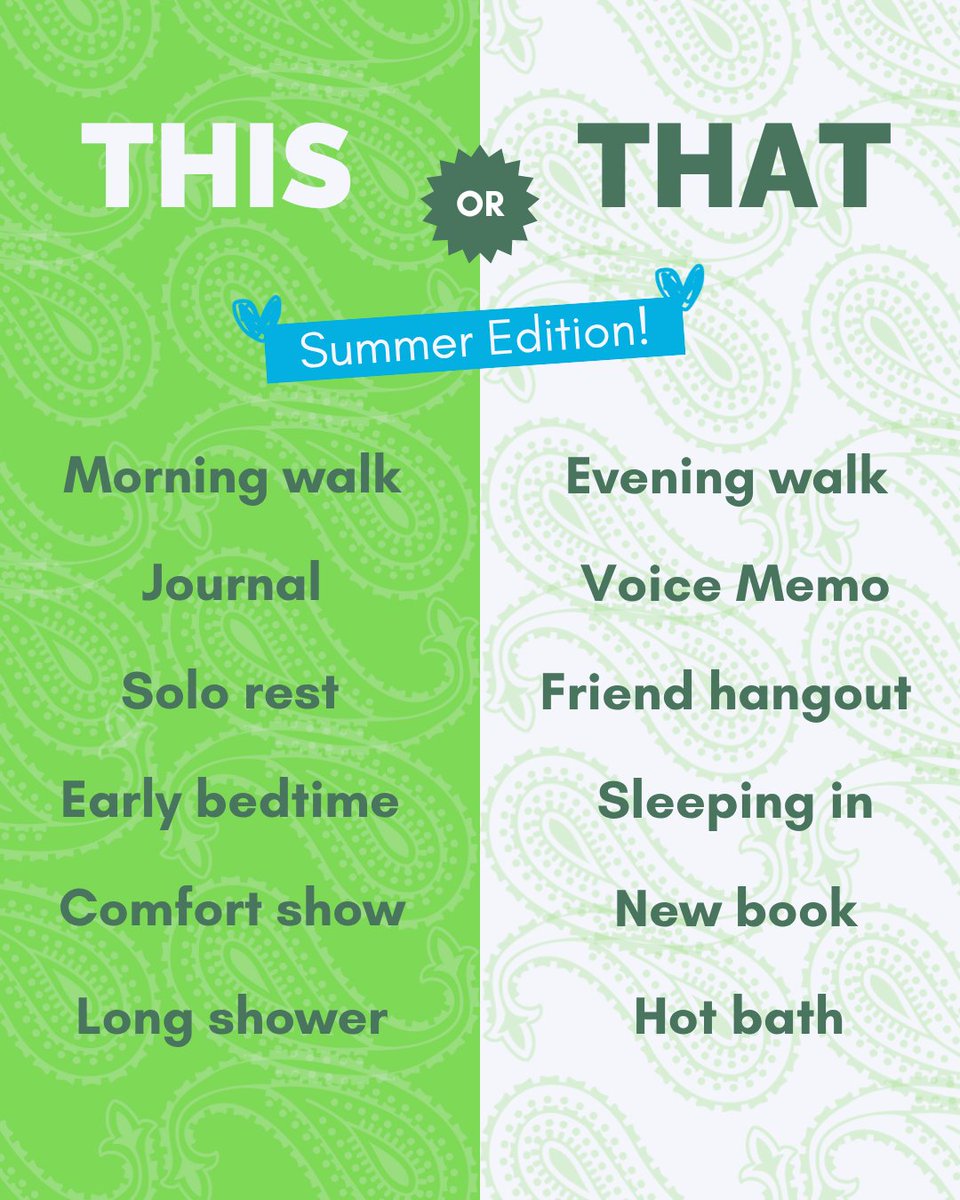 TheBandanaProj's tweet photo. No wrong answers here. 💚

Self care looks different for everyone, and that's kind of the whole point. Which one are you? 

Drop your picks below 👇

#GreenBandanaProject #GreenBandana #MentalHealth #SelfCare #SummerWellness https://t.co/k3pTqMZQ4P