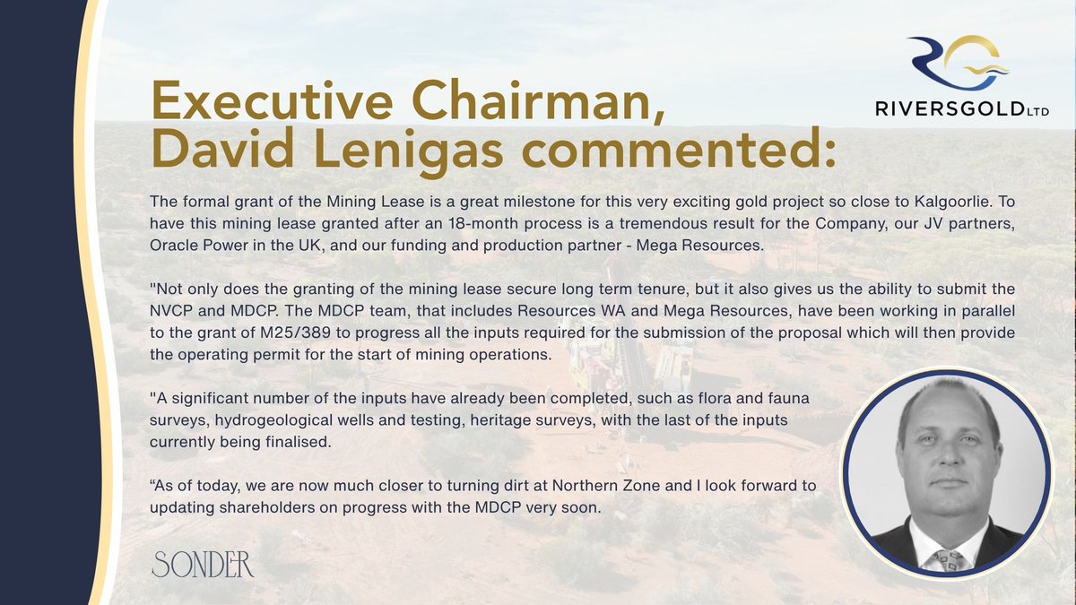 Riversgold_Ltd's tweet photo. Executive Chairman, @DavidLenigas described the grant of the Mining Lease as a major milestone for the Northern Zone Gold Project, marking the completion of an 18-month approvals process and bringing the project a significant step closer to development.

#ASX #RGL #Gold $RGL https://t.co/DuW8sSXpj3