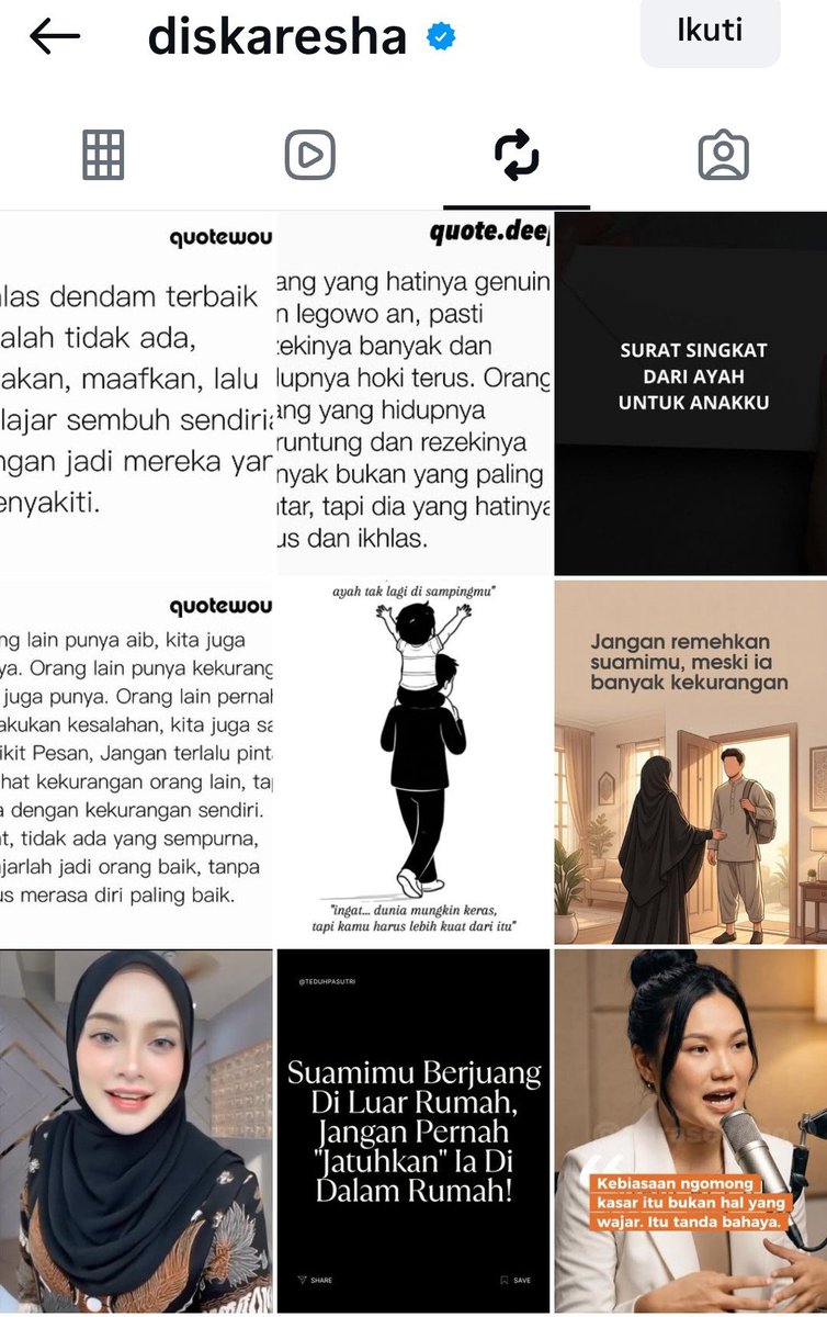 kamarlintang's tweet photo. PART 6, POV suaminya Sarah Gibson udah muncul guyss ~

Jadi, Diska Resha ini kan lagi dituduh selingkuh sama janda 2 anak. Sarah juga udah ngode kalau mereka bakal cerai,

Di Instagram, ternyata Diska ini banyak ngerepost postingan soal istri terlalu dominan bikin rumah tangga hancur, istri jangan merendahkan suami, dan lainnya.

Banyak yg menduga kalau Diska ini sebenernya lagi nyindir sifat asli Sarah lewat repost2 ini 🤔