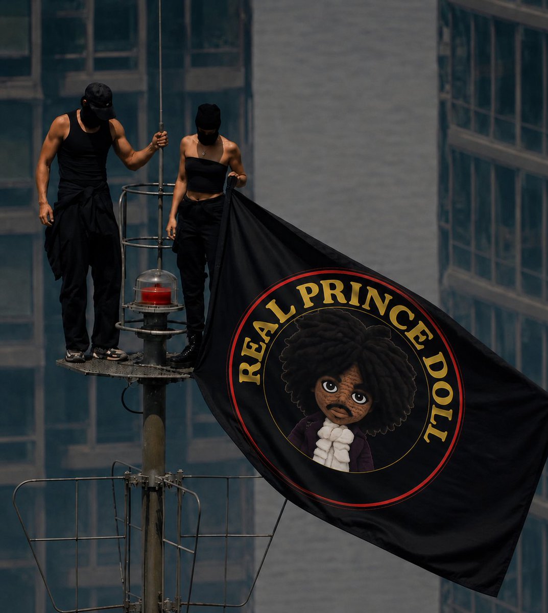 RealPrinceDoll's tweet photo. Two people have climbed to the top of the Empire State Building and unfurled a Real Prince Doll flag. 👽 https://t.co/uEHbjffvM2