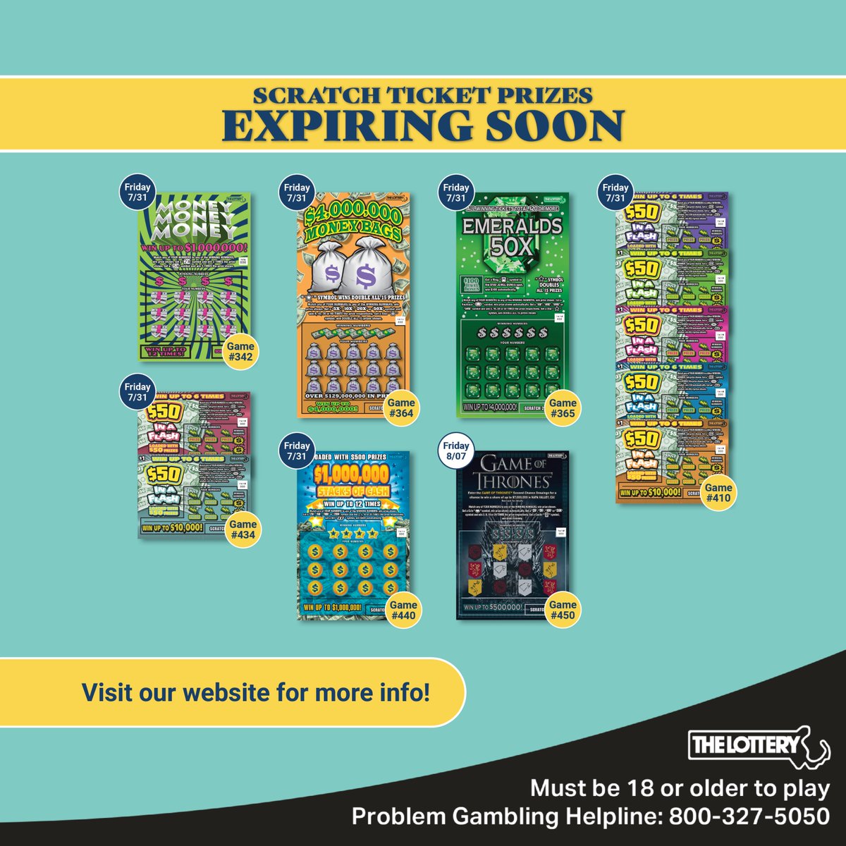 MAStateLottery's tweet photo. ⚠️ Last day to redeem prizes from these games coming soon!
Details > https://t.co/8Z8MSu9Cst
#MassLottery
#Lottery
#ScratchTickets
#Prizes
#ComingSoon
#Expiring
#Massachusetts https://t.co/SHJwOMbGve