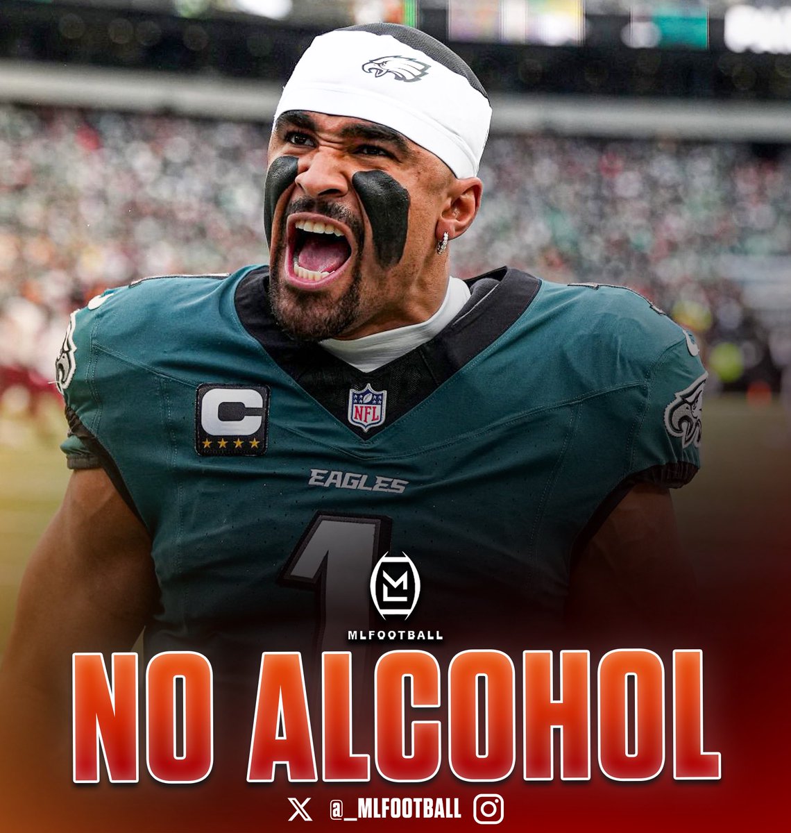 MLFootball's tweet photo. POWERFUL: #Eagles star quarterback Jalen Hurts reportedly does NOT DRINK ALCOHOL.

Hurts says his focus on recovery, nutrition, and maximizing performance led him to cut it out completely.

Everything he does is centered around being the best version of himself.

This is amazing. https://t.co/weD1QQa3Fn