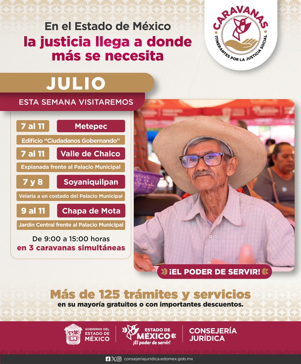 CJ_Edomex's tweet photo. 🚐Las Caravanas Itinerantes por la Justicia Social llegan a cuatro regiones clave del #EdoMex para ofrecerte asesorías legales gratuitas, actas de nacimiento actualizadas, testamentos y servicios para legalizar tu patrimonio, gratuitos o con grandes descuentos.

#ElPoderDeServir https://t.co/t1fvjdj3J0