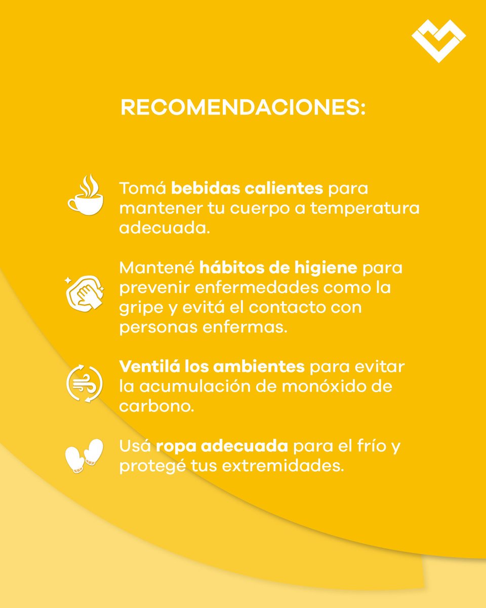 lanusmunicipio's tweet photo. 🟡❄️ ALERTA AMARILLA POR BAJAS TEMPERATURAS

Se esperan bajas temperaturas para el viernes 3 de julio, con mínimas de entre -3 °C y 0 °C y máximas estimadas entre 8 y 10 °C, en el marco de la persistencia de una masa de aire frío que afecta la región.

👉 Se recomienda evitar la exposición prolongada al frío, controlar el buen funcionamiento de calefactores, no dejarlos encendidos sin supervisión, evitar sobrecargar la instalación eléctrica y mantener los ambientes ventilados para prevenir intoxicaciones por monóxido de carbono.

📌 En caso de emergencia, comunicate con Defensa Civil al 103 o llamá al 4357-5311.