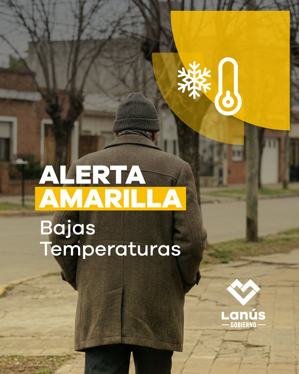 lanusmunicipio's tweet photo. 🟡❄️ ALERTA AMARILLA POR BAJAS TEMPERATURAS

Se esperan bajas temperaturas para el viernes 3 de julio, con mínimas de entre -3 °C y 0 °C y máximas estimadas entre 8 y 10 °C, en el marco de la persistencia de una masa de aire frío que afecta la región.

👉 Se recomienda evitar la exposición prolongada al frío, controlar el buen funcionamiento de calefactores, no dejarlos encendidos sin supervisión, evitar sobrecargar la instalación eléctrica y mantener los ambientes ventilados para prevenir intoxicaciones por monóxido de carbono.

📌 En caso de emergencia, comunicate con Defensa Civil al 103 o llamá al 4357-5311.
