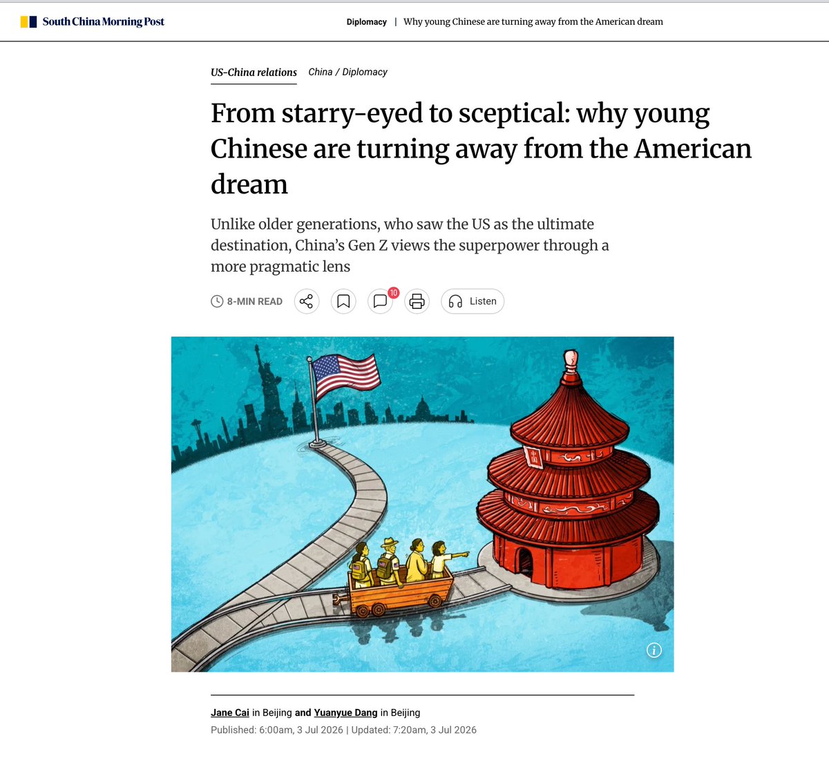 OopsGuess's tweet photo. What terrifies Washington is not that young Chinese people hate America.
It is that they can look at America without worship.

That is the end of empire at the psychological level.

America is no longer the promised land.
No longer the final classroom.
No longer the only image of modernity.

Older Chinese generations looked at America as the future.
Chinese youth can admire Silicon Valley and still choose Shenzhen.
They can study America and still see its chaos, inequality, racial decay, medical poverty, political madness, and imperial arrogance.

China did not only build roads, ports, EVs, AI models, and high-speed rail.
China built another future.

The American dream used to be the world’s measuring stick.
China has rewritten the ruler.