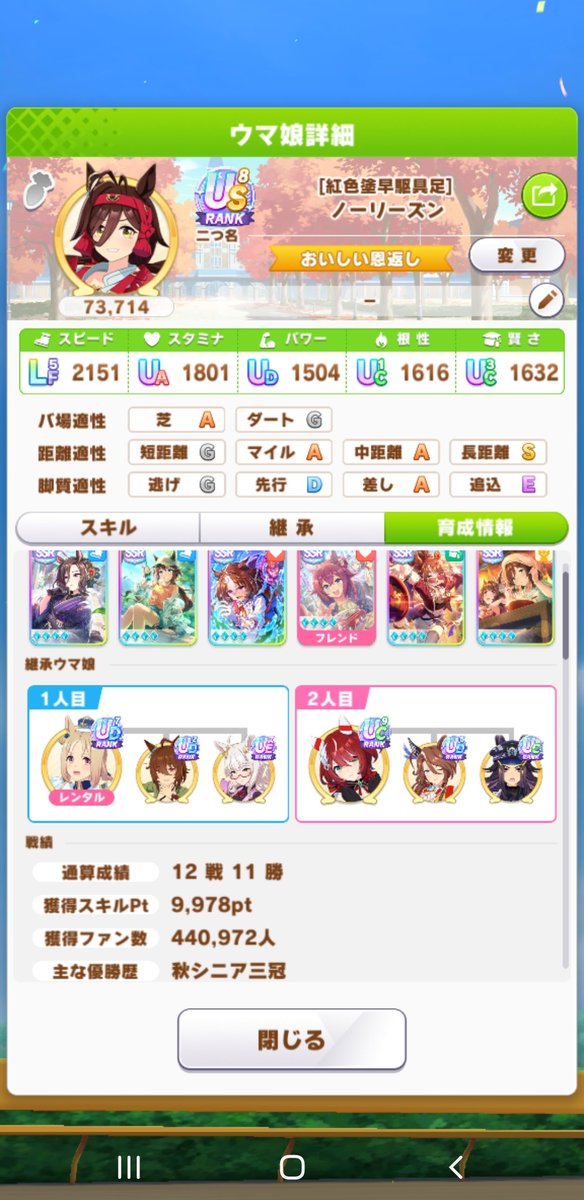 matutakeumeo's tweet photo. とりあえずパワー因子18積めばスピードスタミナ2でもステは整いますね
評価点が低いのは先行スキルとってるからですね https://t.co/9Lm4fXCnYb