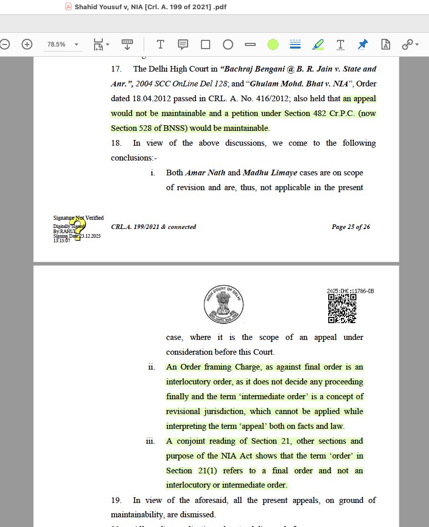 ghaisahil09's tweet photo. Only 'Final' orders are appealable under Section 21 (1) of the National Investigation Agency Act, therefore, the  remedy against an order framing charges (not being a final order) is S.482 petition rather than an Appeal. 

#4 Shahid Yousuf v. NIA [DHC, Crl. A. 199 of 2021] https://t.co/I9JH238FUz